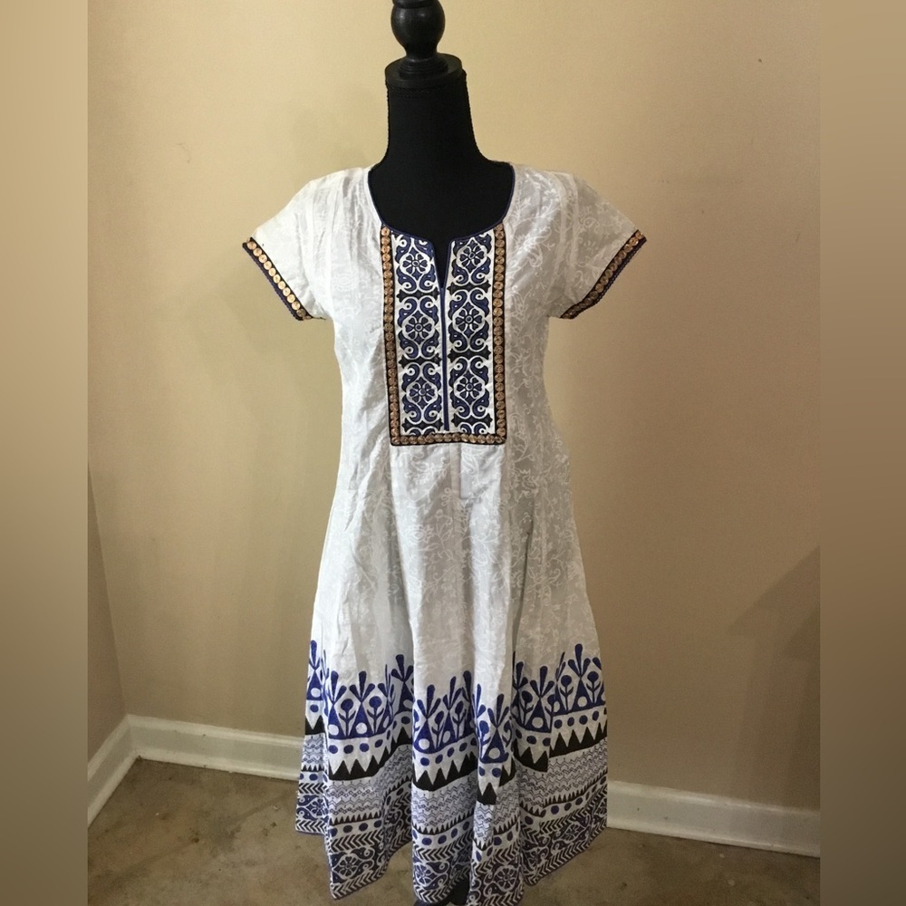 Trishaa Women’s Blue White Gold Embroidered Indian Ethnic Dress Size S NWT